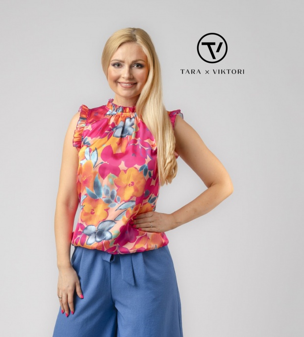 JULES fodros nyakú és vállú gumis aljú felső, mintás